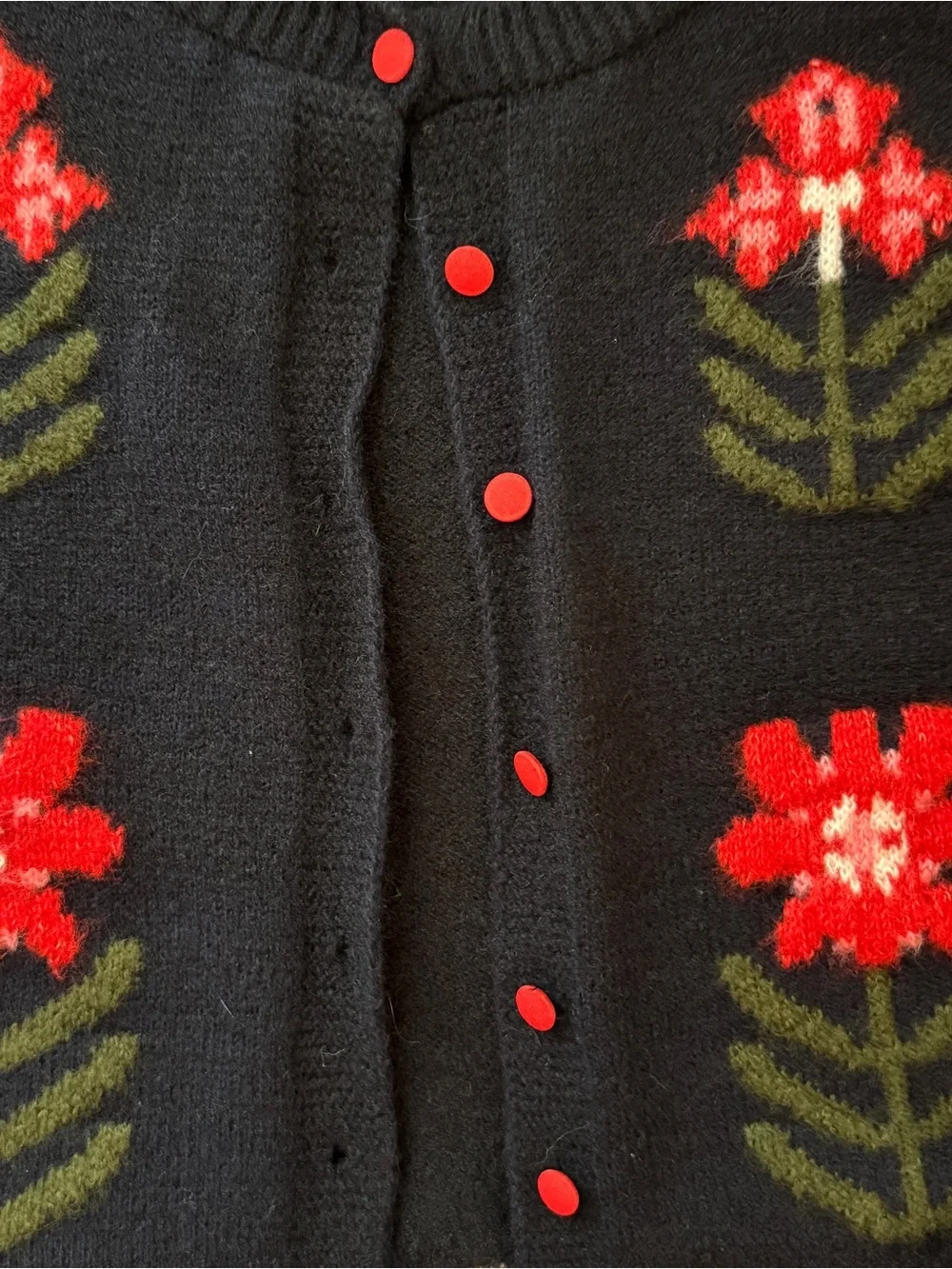 Free People Nonna Knit Navy Cropped Cardigan with Red Floral Intarsia